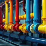 Industrial pipes and valves, complex systems.