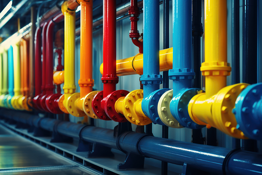 Industrial pipes and valves, complex systems.